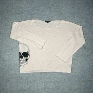 Skull Cashmere Top Womens Large Beige Skull Graphic Slub Cotton Goth Edgy Grunge